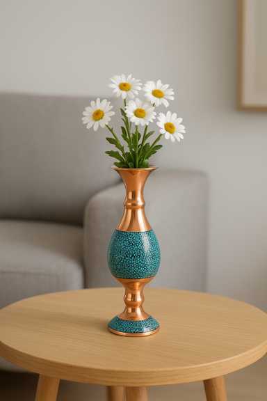 گلدان فیروزهکوبی دستساز اصفهانی، هنر دست اصفهان، ترکیب مس و فیروزه با طرح گلهای سنتی