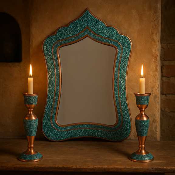 آینه و شمعدان فیروزهکوبی دستساز هنر روح اصفهان